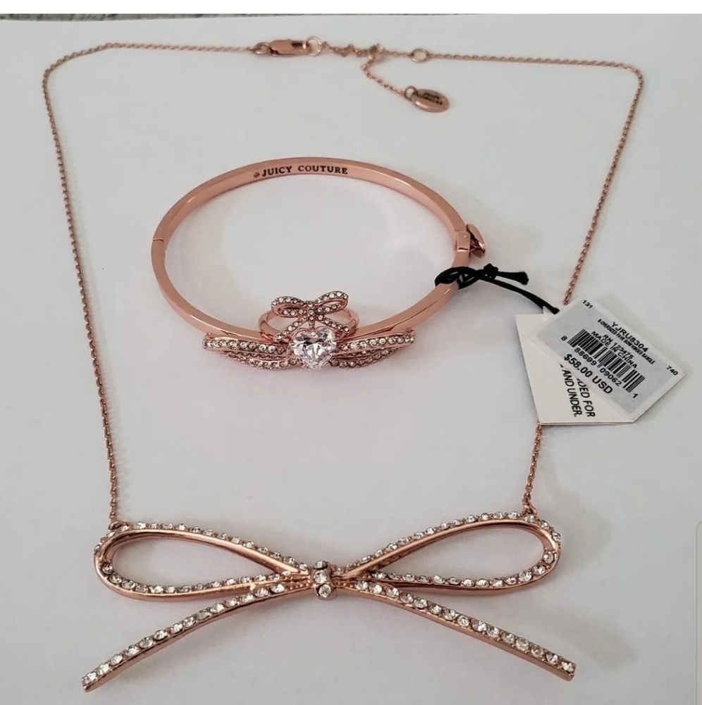 Juicy Couture Oversized Rosegold Pave Bow Hinged Bangle/Necklace/Ring Set